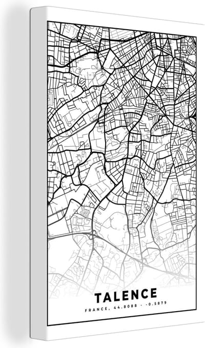 Canvas Schilderij Talence - Kaart - Plattegrond - Frankrijk - Stadskaart - Zwart wit - 20x30 cm - Wanddecoratie
