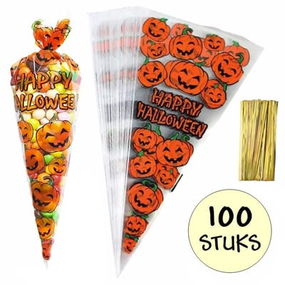 100x Cellofaan Puntzakken Halloween 30x16cm - Puntzak Pompoen - Traktatie Zak - Uitdeelzak - Snoepzak - Inclusief Sluitstrips - 16x30cm - 100 Stuks