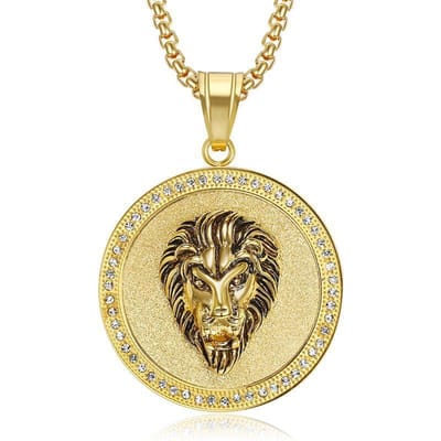 Nouveau Pendentif Tête de Lion en Acier Inoxydable et Strass pour Homme à la Mode Style Européen et Américain Pendentif de Cou Doré beige