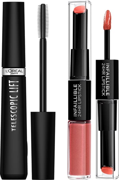 L’Oréal Paris Telescopic Lift Mascara & Infaillible 24H Lipstick 312 Incessant Russet Lipstick Giftset – Mascara voor lange, gelifte wimpers en volume +5mm - Langhoudende 2-staps Lipstick met Vitamine E - Routine Bundel
