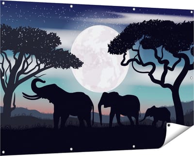 Gards Tuinposter Olifanten Silhouet tijdens Volle Maan - 150x100 cm - Tuindoek - Tuindecoratie - Wanddecoratie buiten - Tuinschilderij