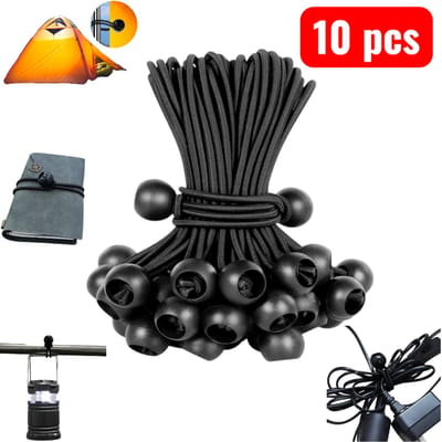 10 stuks - Bungee-koord vastzetsysteem voor opslag - Bungee-bal met bal - Zware Bungee-bal - Luifelzeil vastzetsysteem met Bungee-bal - Perfect voor kamperen, tenten, vracht, het vastzetten van lijnen en slangen, parasols en luifels - Zwart