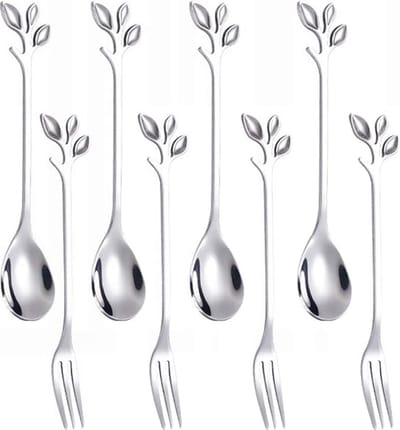 8 stuks - Theelepel - inclusief 4 lepels en 4 vorken - gebaksvorkjes - Lepeltjes - Koffielepeltje - fruitvork - RVS - zilver - 12.1cm