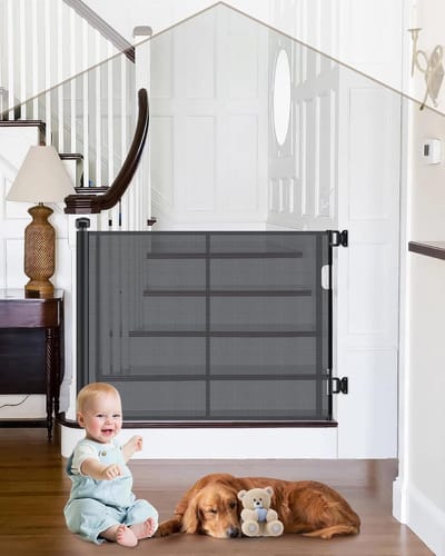 Verstelbare en Duurzame Hek voor Trappen, 180 cm, Geschikt voor Kinderen en Honden, Eenvoudig te Installeren, 86 cm Hoog, Scheurbestendig, Zwart