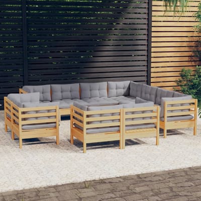 vidaXL - 11-delige - Loungeset - met - grijze - kussens - massief - grenenhout