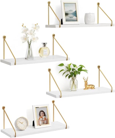Witte houten wandplank met gouden accenten - Set van 4 - Decoratieve opbergoplossing voor elke ruimte