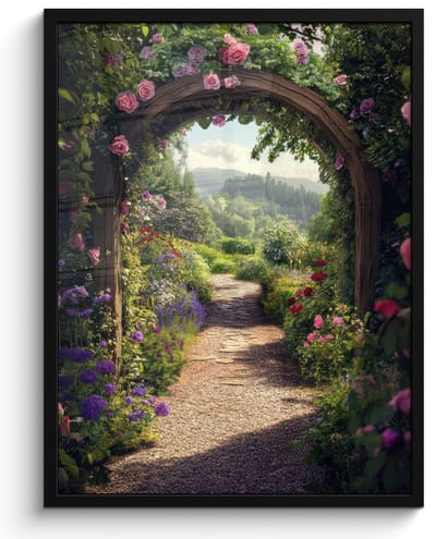 Poster in lijst - Fotolijst 50x70 cm - Posters - Doorkijk - Landschap - Bloemen - Rozenboog - Natuur - Posterlijst zwart - Decoratie - Wanddecoratie woonkamer - Muurdecoratie slaapkamer