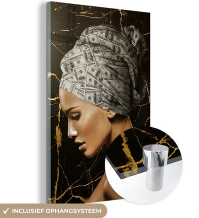 MuchoWow® Glasschilderij 60x90 cm - Schilderij acrylglas - Vrouw - Hoofddoek - Bankbiljetten - Foto op glas - Schilderijen