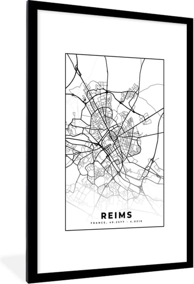 Fotolijst incl. Poster Zwart Wit- Kaart - Plattegrond - Reims - Frankrijk - Stadskaart - Zwart wit - 80x120 cm - Posterlijst