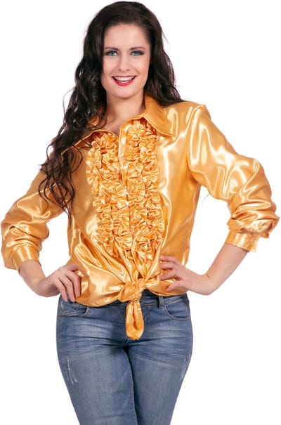 Jaren 80 & 90 Kostuum | Oranje Ruchesblouse Satijn Foute Disco | Maat 50 | Carnaval kostuum | Verkleedkleding