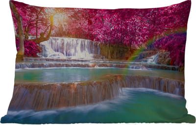 Buitenkussens - Tuin - Waterval - Regenboog - Bomen - Roze - Natuur - 50x30 cm
