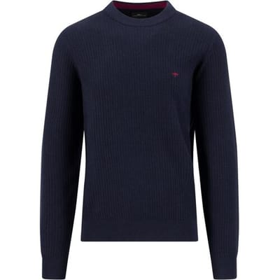 Fynch-Hatton Trui Solid Color O-Neck Cotton Ribbed Knit Navy / male
