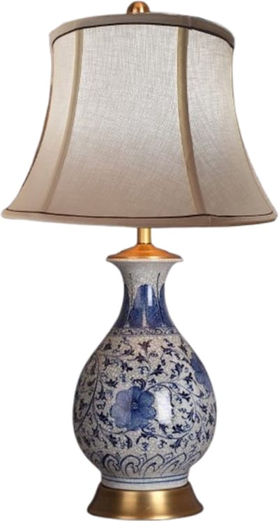 Fine Asianliving Chinese Tafellamp Porselein Blauwe Bloemen Craquelé D36xH68cm
