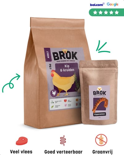 ​BROK Hondenbrokken Kip & Kruiden – Graanvrij en Gezond Hondenvoer – Proefpakket 2kg – Veel Vlees – Voor Kieskeurige Volwassen Honden​