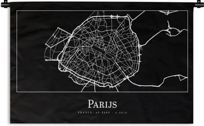 Wandkleed - Wanddoek - Parijs - Plattegrond - Kaart - Stadskaart - 180x120 cm - Wandtapijt