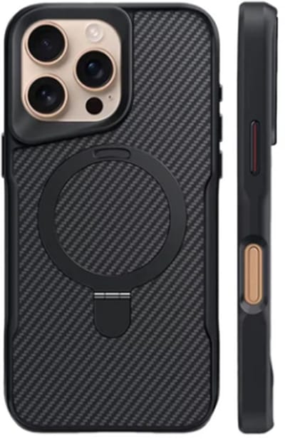 Hoesje Geschikt voor Apple iPhone 16 Pro - Zwart - Geschikt voor MagSafe - Luxe Casemania Carbon Back Cover met Kickstand Ring en Verhoogde Camera Veiligheidsranden