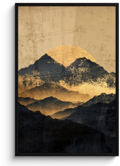 Poster in lijst - Fotolijst 80x120 cm - Posters - Gouden Bergen bij Maanlicht - Posterlijst zwart - Decoratie - Wanddecoratie woonkamer - Muurdecoratie slaapkamer