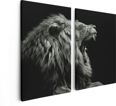 Artaza Canvas Schilderij Tweeluik Brullende Leeuw - Leeuwenkop - Zwart Wit - 80x60 - Foto Op Canvas - Canvas Print