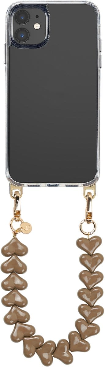 Selencia Transparant Hoesje met Haakjes inclusief Hartjes Polskoord - Geschikt voor Apple iPhone 11 - Mocha Brown