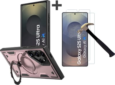 Hoesje Geschikt voor Samsung Galaxy S25 Ultra met 2 Stuks gehard glas Screenprotectors - Armor hoes met Ringhouder - Arara backcover - Rosegoud