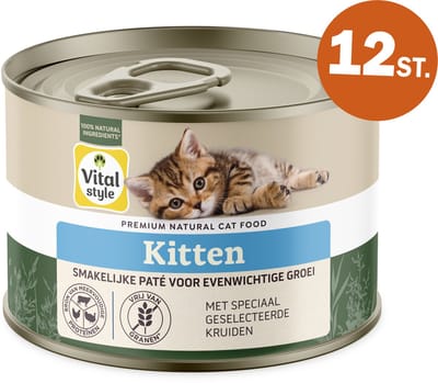 VITALstyle Kitten - Natvoer - Brede Samenstelling En Hoog Eiwitgehalte Voor Gezonde Groei - Met o.a. Kamille & Catnip - 12 x 200 g