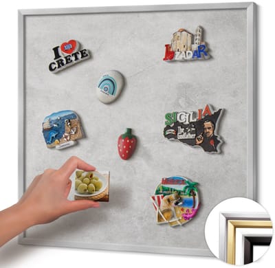 Wallfluent - Grijs Magneetbord met Patronen - 50 cm x 50 cm - Magneetbord met Zilveren Frame - Betonnen muurtextuur - Magnetisch Bord Foto Bevestiging - Magnetisch Bord Muurbevestiging - Design Magneetbord met Frame