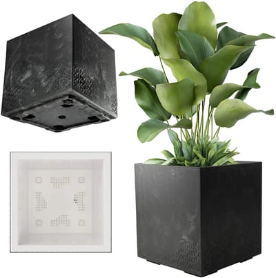 KADAX Plantenbak van kunststof, 39x39cm, 7 kleuren, vierkante bloempot, bloempot met wieltjes, plantenbak met afvoerkurk, betonlook, zwart