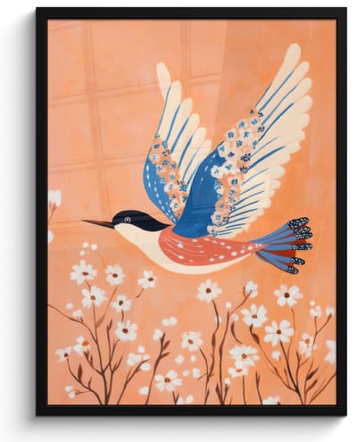 Poster in lijst - Fotolijst 60x80 cm - Posters - Vogel - Bloesemtakken - Warm - Kleurrijk - Posterlijst zwart - Decoratie - Wanddecoratie woonkamer - Muurdecoratie slaapkamer