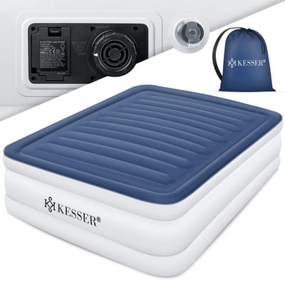 KESSER® Luchtbed Opblaasbaar Matras met Ingebouwde Elektrische Pomp Verhoogd Opblaasbaar Matras voor Overnachtende Gasten met Opbergtas en Reparatiekit - Dubbel Blauw / Wit
