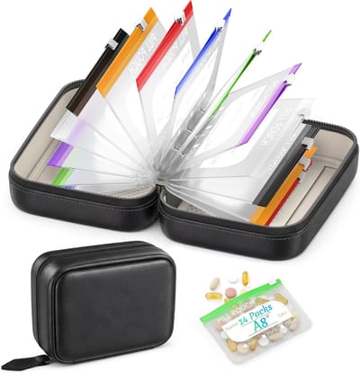 Pillendoos - Medicijndoos - Pillenetui - Pillendoosje - Medicijntas - Pillenzak Set - 14 zakjes inbegrepen - 7-14 dagen medicatie - Reisorganizers - Opbergdoos - Waterdichte opbergtas - met ritssluiting - Herbruikbaar - 15*6*11 cm - zwart