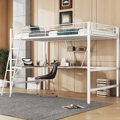 MEUNIQ hoogslaper 90x200 cm met L-vormig bureau, rek en ladder, metalen bedframe met uitvalbeveiliging, eenpersoons, slaapkamer, wit