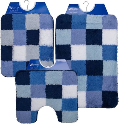 Wicotex - Badmat set - Badmat - Toiletmat - Bidetmat Blauw Wit geblokt - Antislip onderkant - WC mat met uitsparing
