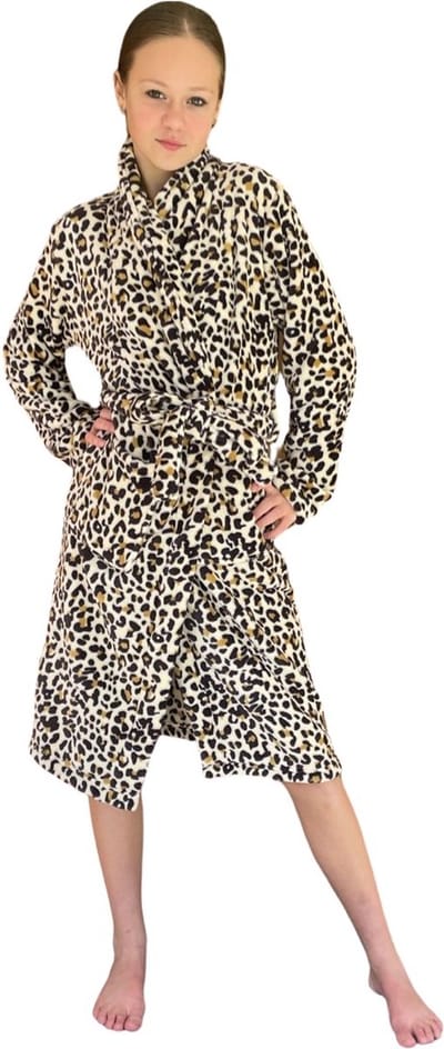 Kinderbadjas panter bruintinten – tijger badjas kind - 100% coral fleece – badjas kind luipaard – Badrock – fleece badjas kind - maat 110/116