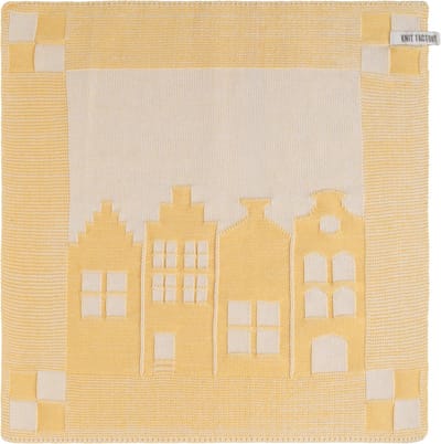 Knit Factory Gebreide Keukendoek - Keukenhanddoek House - Handdoek - Vaatdoek - Keuken doek - Hollandse huisjes aanzicht - Ecru/Gold - Traditionele look - 50x50 cm