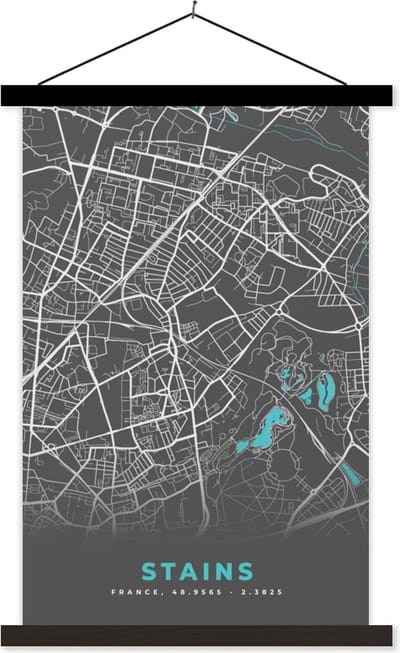 Posterhanger incl. Poster 40x60 cm - Schoolplaat - Stains - Frankrijk - Stadskaart - Kaart - Plattegrond - Textielposter - Zwarte latten - Stadskaart