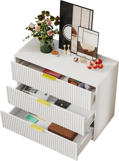MIVRAY Ladekast - 3 Laden En Modern Design - Voor Slaapkamer En Hal - MDF Wit Met Goudkleurige Details - 80x40x72 Cm