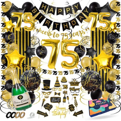 Fissaly 75 Jaar Verjaardag Decoratie Versiering - Ballonnen – Helium, Latex & Papieren Confetti Ballonnen- Zwart en Goud