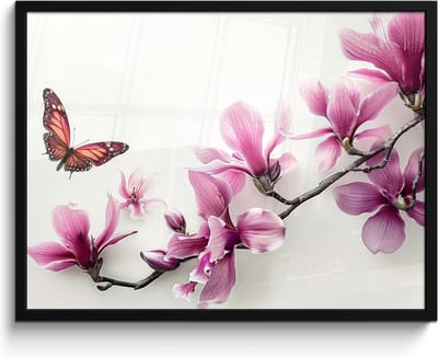 Poster in lijst - Fotolijst 80x60 cm - Posters - Bloesem - Vlinder - Roze - Natuur - Wit - Posterlijst zwart - Wanddecoratie badkamer - Muurdecoratie WC - Decoratieve accessoires - Toilet muur decoratie