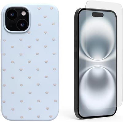 Hoesje en Glas Geschikt voor iPhone 15 - Blauw - Casemania Stevige Siliconen Back Cover met Hartjes Print - 1x Glazen Screenprotector