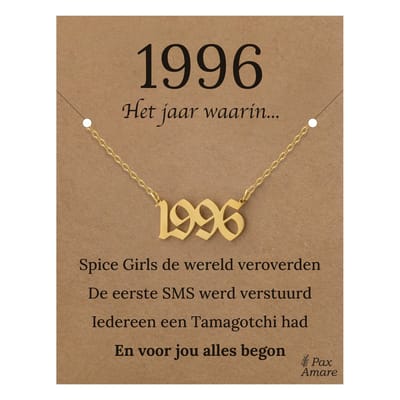 Jaartal 1996 Ketting op Cadeau Kaartje - Goudkleurig Stainless Steel - 45cm - Met informatie over geboortejaar - Pax Amare