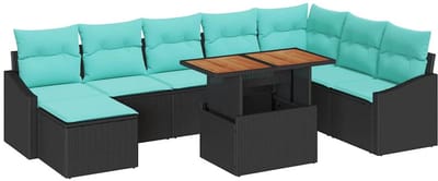 vidaXL - Tuinbank - Set - 9 - st - Zwart - en - Teal - poly - rattan
