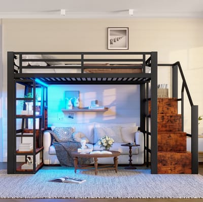MEUNIQ Hoogslaper 140 x 200 cm met LED-verlichting, opbergtrap, open opbergruimte, veiligheidshekje en ladder, metaal en MDF, zwart