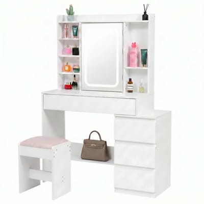 Make Up Tafel – Kaptafel met Spiegel en Verlichting – Inclusief Kruk – Verborgen Sieradenkast achter de Spiegel – 4 Lades & 6 Open Vakken – 3 Lichtkleuren Dimbaar met Touch – 145 x 100 x 40 cm – Wit – Monza Home