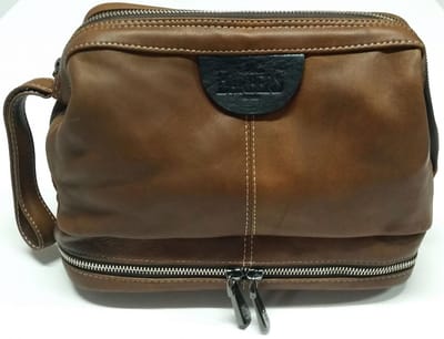 Old Barbers zeer Luxe Lederen Toilettas met Dubbele Bodem & Beugelsluiting - Naturel Bruin - ( afmeting: 28 x 15 x 20 cm ).