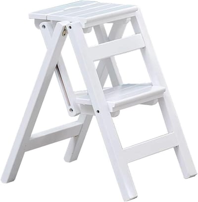Houten Opstapje - Ladderkruk Opvouwbaar - Huishoudelijke Klusjes - Brede Antislip Treden - 2 Treden - Wit