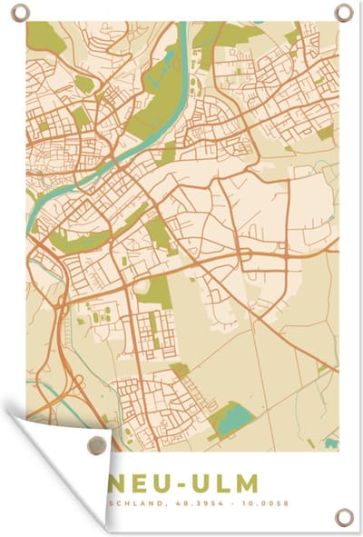 Muurdecoratie Stadskaart - Neu-Ulm - Kaart - Plattegrond - Vintage - 120x180 cm - Tuinposter - Tuindoek