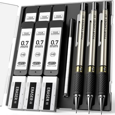PromoHome Vulpotlodenset Compleet Pakket - 3 Stuks Metalen Mechanische Potloden 0,7 mm met 360 HB Vullingen, 3 Gummen en Opbergetui - Professionele Tekenset voor Schrijven en Tekenen
