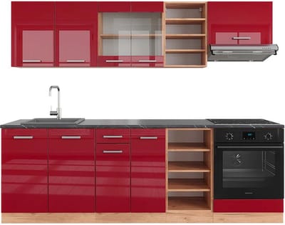 Vicco R-Line Complete keukeneenheid – 240 cm, WB Antraciet Rood hoogglans/gouden eik
