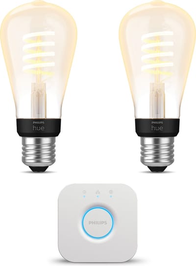 Philips Hue Starterspakket - E27 - met 2 Filament Edisonlampen Klein (ST64) - Warm tot Koelwit Licht - Incl. 1 Hue Bridge - Hue White Ambiance Filament
