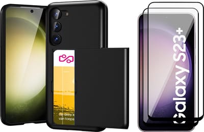 Hoesje met Pasjeshouder geschikt voor Samsung Galaxy S23 Plus - 2x Screen Protector FullGuard - Back Cover SlideCase Zwart & Screenprotector